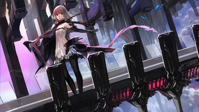 Anime girl with pink hair and cape in a futuristic city