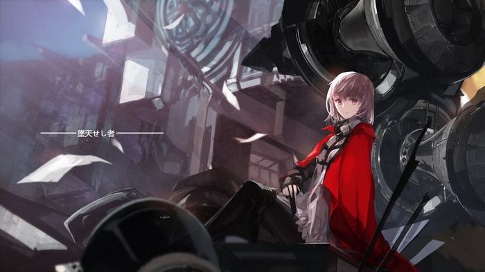Anime girl with pink hair and red eyes in a red cape