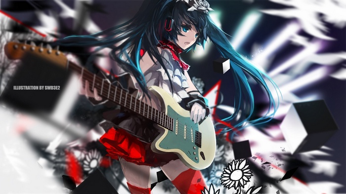 Hatsune Miku with Aqua Hair Playing Guitar