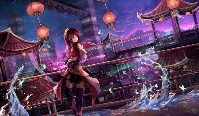 Anime girl with redhead and purple eyes in a fantasy city