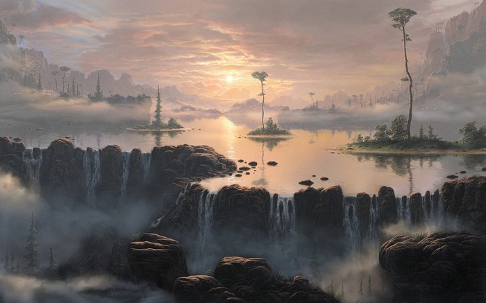 Fantasy landscape with lake and waterfalls at sunset