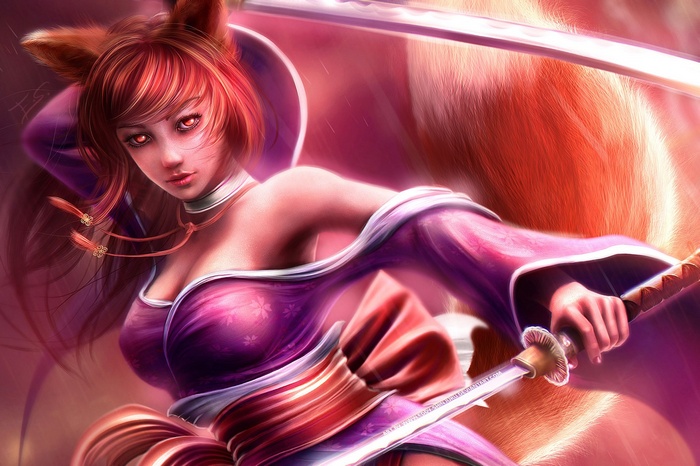 Ahri from League of Legends with fox ears and swords