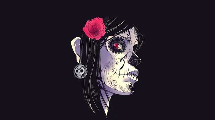 Sugar Skull artwork with a red rose