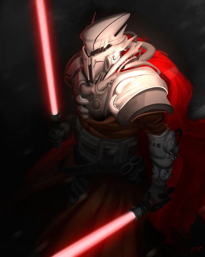 Sith Warrior with two red lightsabers and red cape