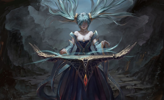 Sona playing the etwahl in a dark cave