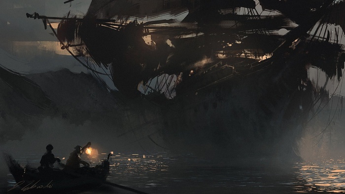 Ghostly sailing ship looms over a rowboat with lanterns
