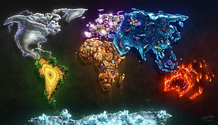World map depicted as elements: air, earth, water, and fire