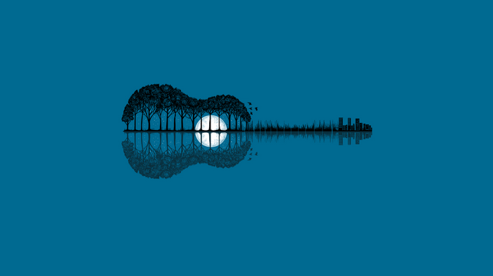Guitar silhouette with trees, moon, and city skyline