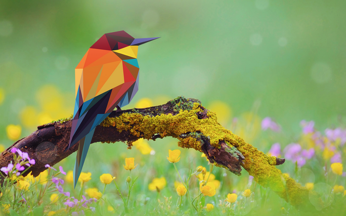 Low poly bee-eater bird on a mossy branch