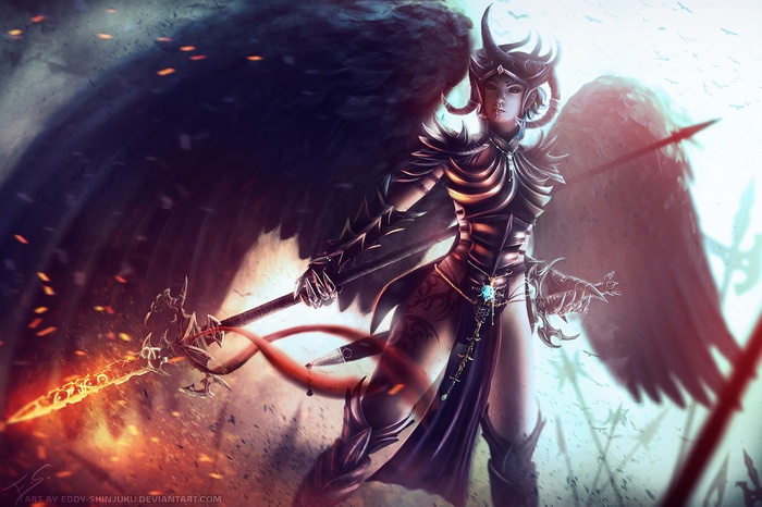 Demon with black wings and fiery sword