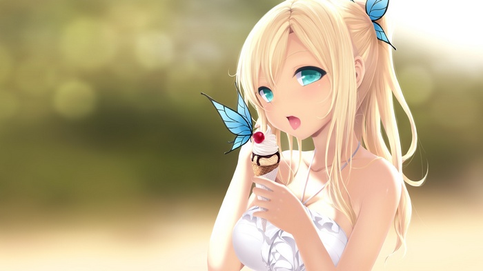 Kashiwazaki Sena eating ice cream with a butterfly