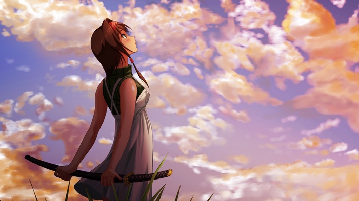Anime girl with katana looking at the sky