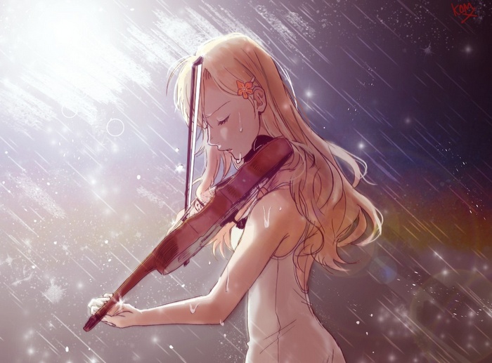 Miyazono Kaori playing violin in the rain