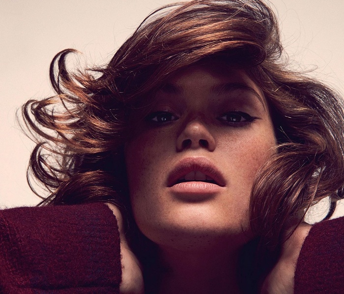 Gemma Arterton with freckles and windblown hair