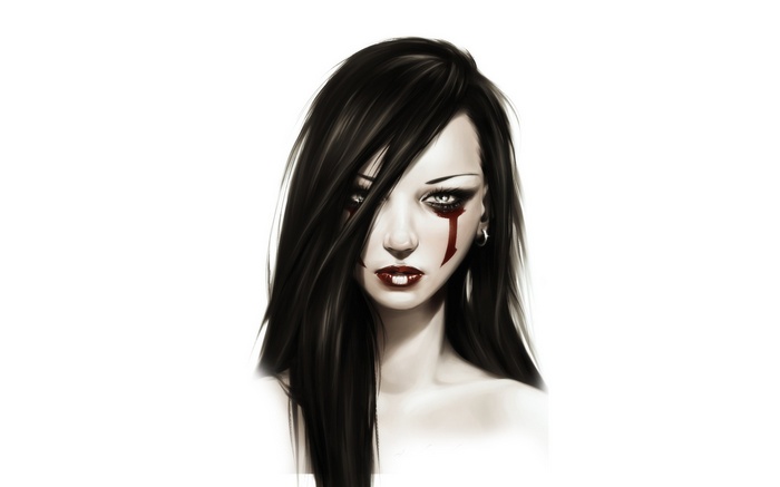 Artwork of a woman with black hair and red tears