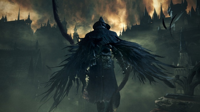 Bloodborne Hunter with feathered cloak in gothic city