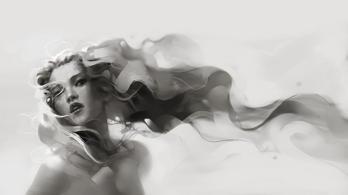 Black and white watercolor painting of a woman