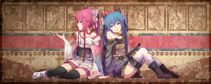 Hatsune Miku and Megurine Luka in traditional Japanese attire