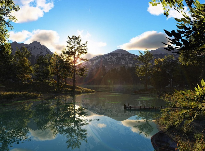 Mountains and lake landscape with trees and reflection
