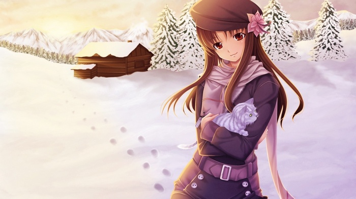 Holo from Spice and Wolf holding a cat in the snow