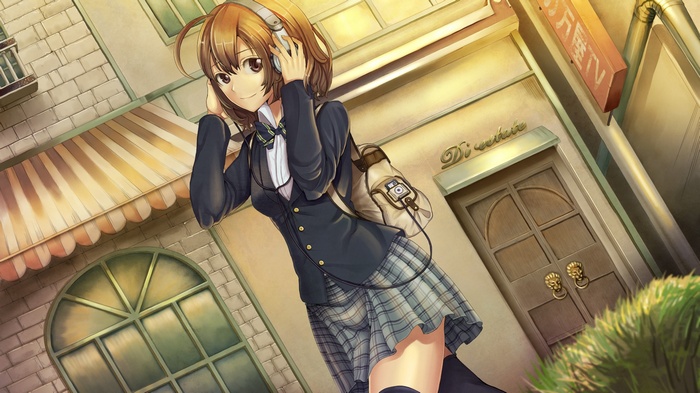 Anime girl with headphones and school uniform