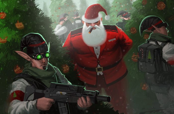 Santa and elves with guns in a Christmas forest
