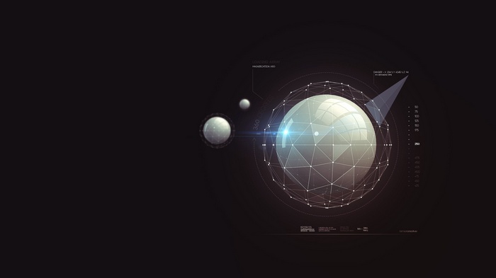 Digital Art Sphere with Wireframe and Celestial Bodies
