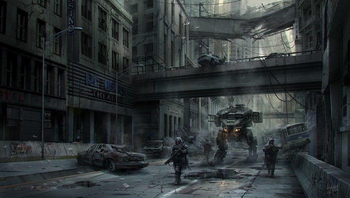 Alex Ichim's apocalyptic mech patrol in a ruined city