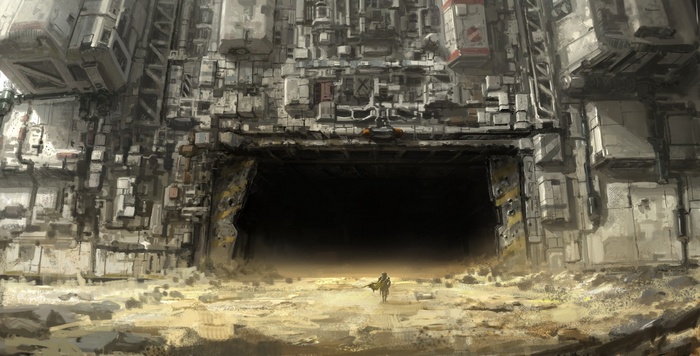 A lone figure approaches a massive futuristic structure