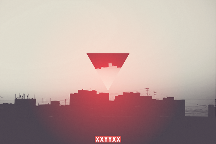 Abstract Cityscape with Red Triangle and Text