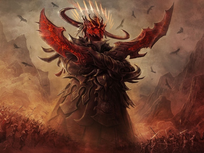 Demon Lord with Fiery Swords in a War Scene