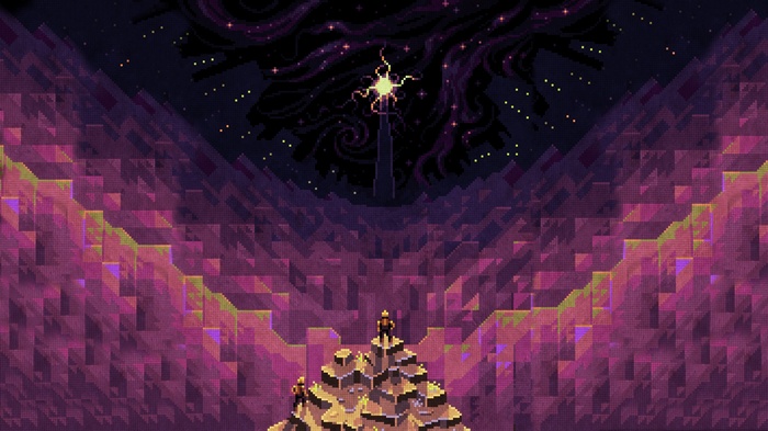 Pixelated isometric landscape with a tower and stars