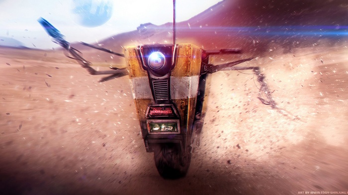 Claptrap from Borderlands in a desert landscape