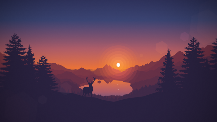 nature, vector, Firewatch, artwork, landscape, drawing, warm colors, animals, hills, pine trees, sunset, lake, digital art, clear sky, deer, silhouette, trees, video games, Lago di Scanno
