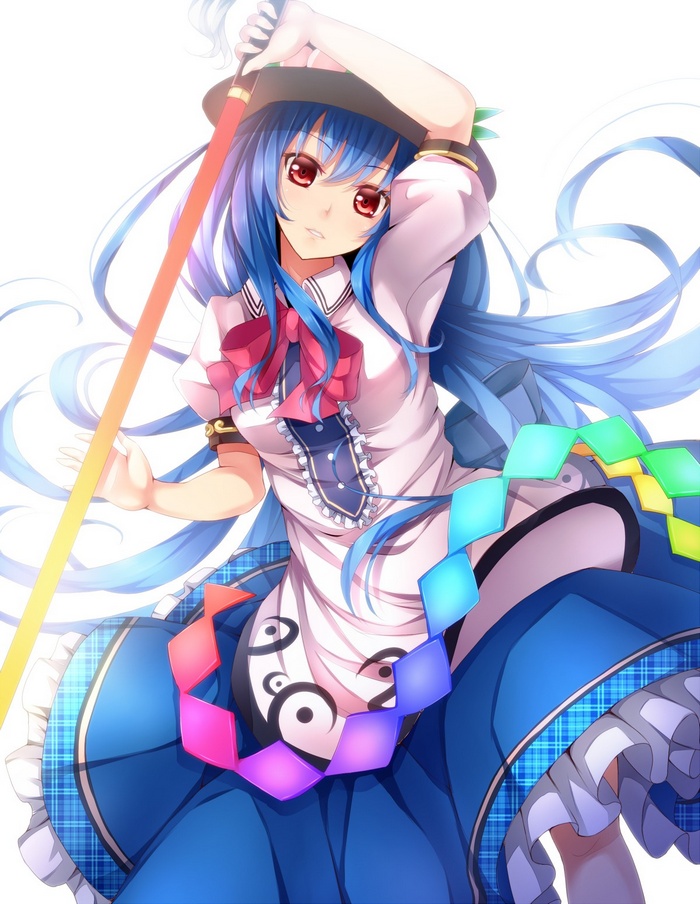 Hinanawi Tenshi from Touhou with blue hair and red eyes