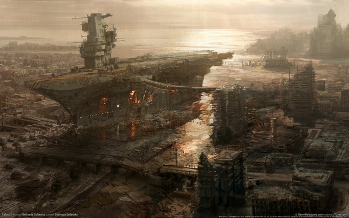 Fallout 3 apocalyptic aircraft carrier in ruined city