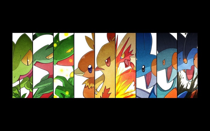 Pokémon Treecko, Torchic, and Mudkip evolutions collage