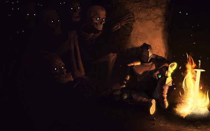 Dark Souls Knight Resting by Bonfire with Skeletons