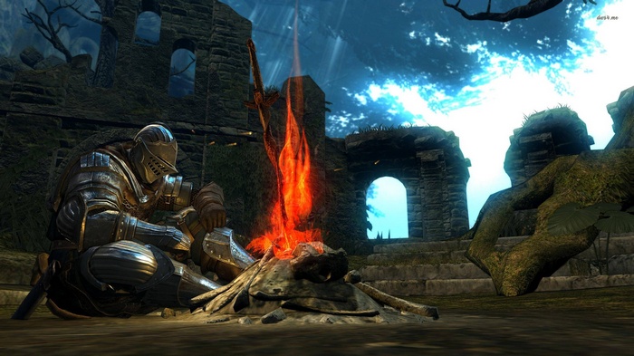 Dark Souls Knight by a Bonfire in Ruins