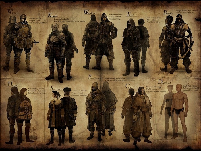 Dark Souls Classes: Warrior, Knight, Wanderer, Thief, Bandit, Hunter, Sorcerer, Pyromancer, Cleric, Deprived
