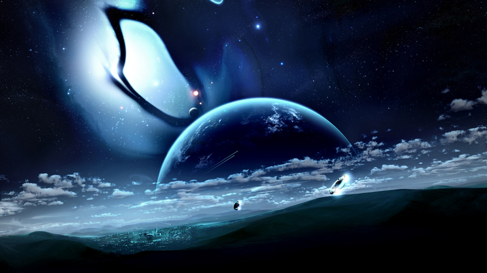 Sci-fi planet with futuristic city and spacecraft