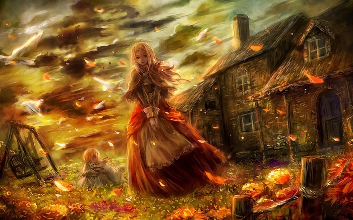 Anime fantasy girl in a field with a house
