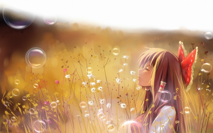 Hakurei Reimu in a field of flowers with bubbles