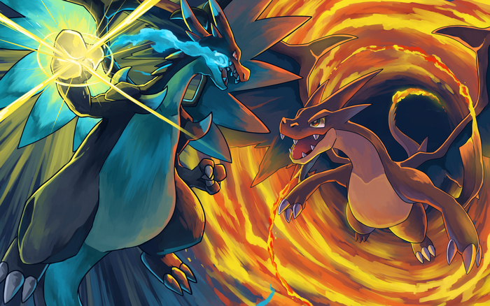 Two Charizard Pokémon battling with fire and energy