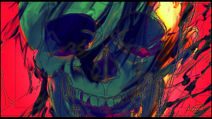 Artwork of a stylized skull with vibrant colors