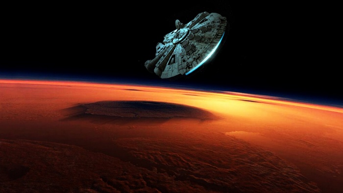 Millennium Falcon over a planet