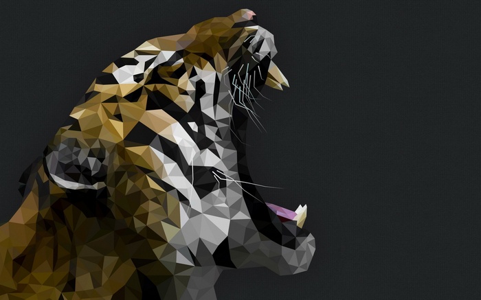 Low poly tiger roaring on a gray background