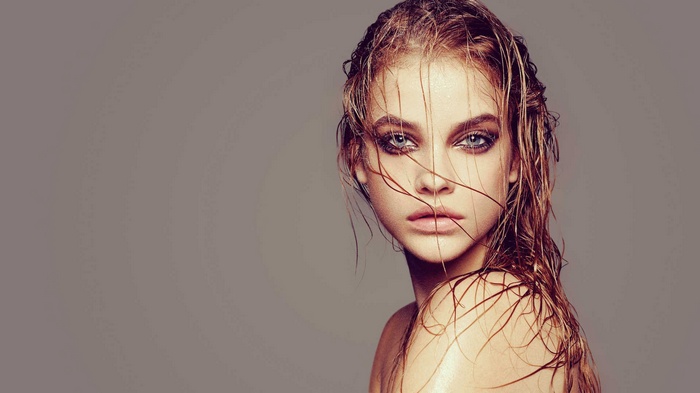 Barbara Palvin with wet hair and dramatic makeup
