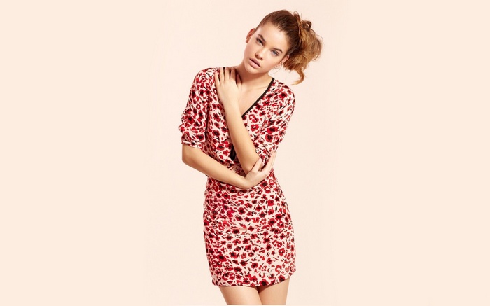 Barbara Palvin in a red floral dress