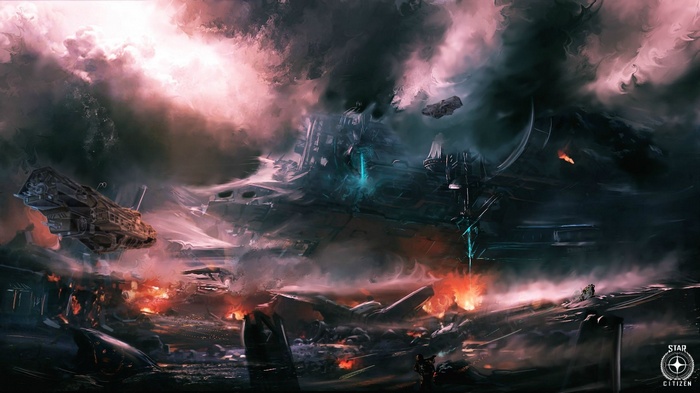 Star Citizen: Destroyed Spaceships and Fires on a Ruined Planet